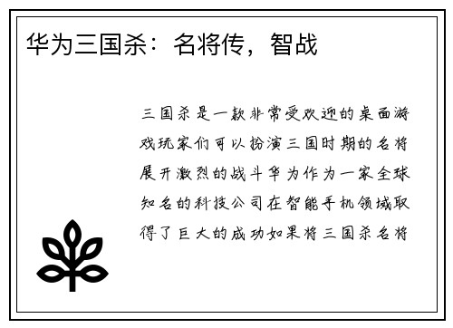 华为三国杀：名将传，智战